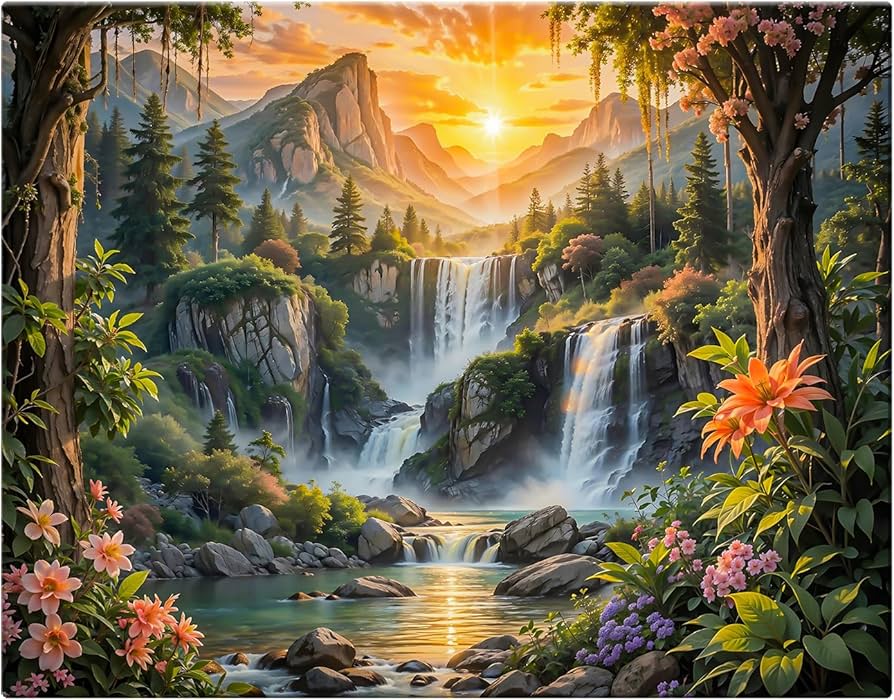 絵画 Mountain waterfall ArtX Canvas Step Waterfall Painting Vastu, Big Size Scenery, Water